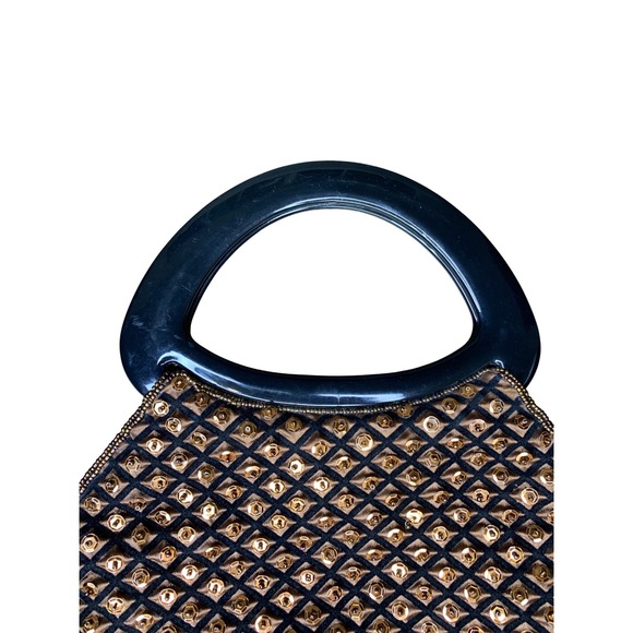 Vintage Black Beaded Sequin Evening Bag Top Handle Party Purse - Picture 6 of 10